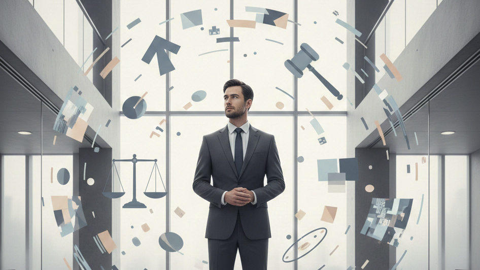 A professional figure standing calmly amid asymmetrical movements symbolizing strategic overreaction in a structured environment.